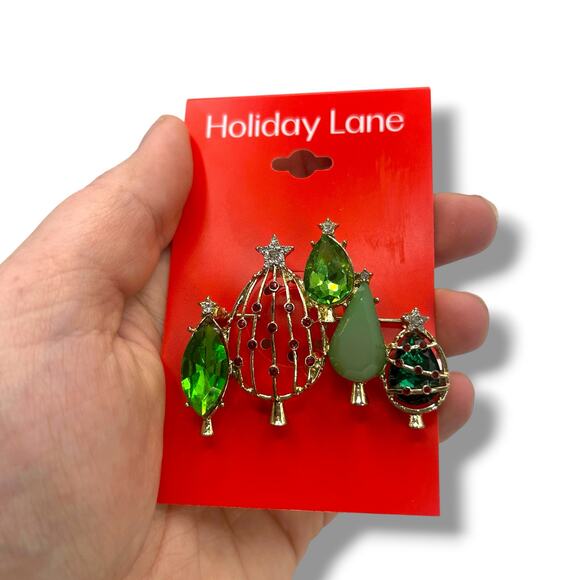 NEW Holiday Lane Christmas Tree Brooch Green Gold Abstract Winter Lapel Pin NWT - Picture 6 of 8